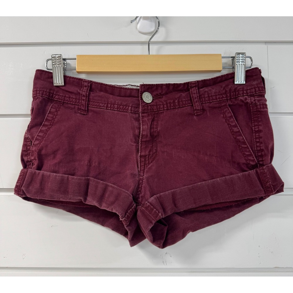Aeropostale Womens Midi Twill Shorts Size 2 Burgundy Maroon Rolled Cuff Casual